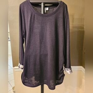 ELLE Women's Lightweight Sweater w Side Ruching & Plaid Sleece Cuffs sz XXL